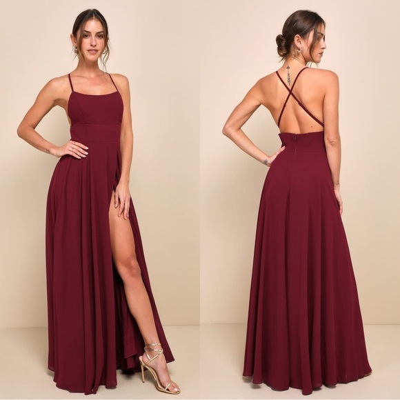 Sz XL - NWOT Lulus Dreamy Romance Burgundy Backless Maxi Dress - Picture 1 of 9